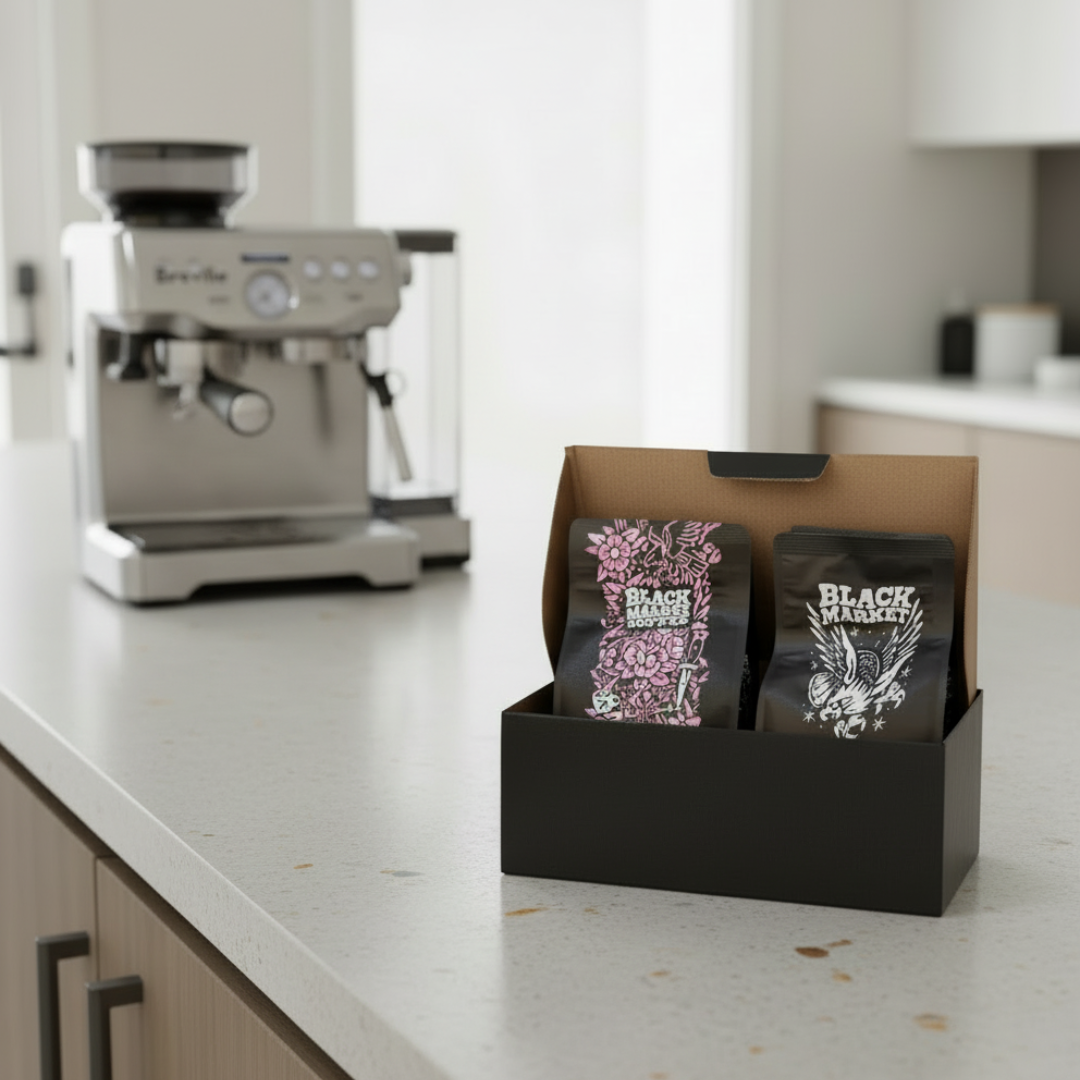 coffee ordered online, sitting on a bench in a kitchen