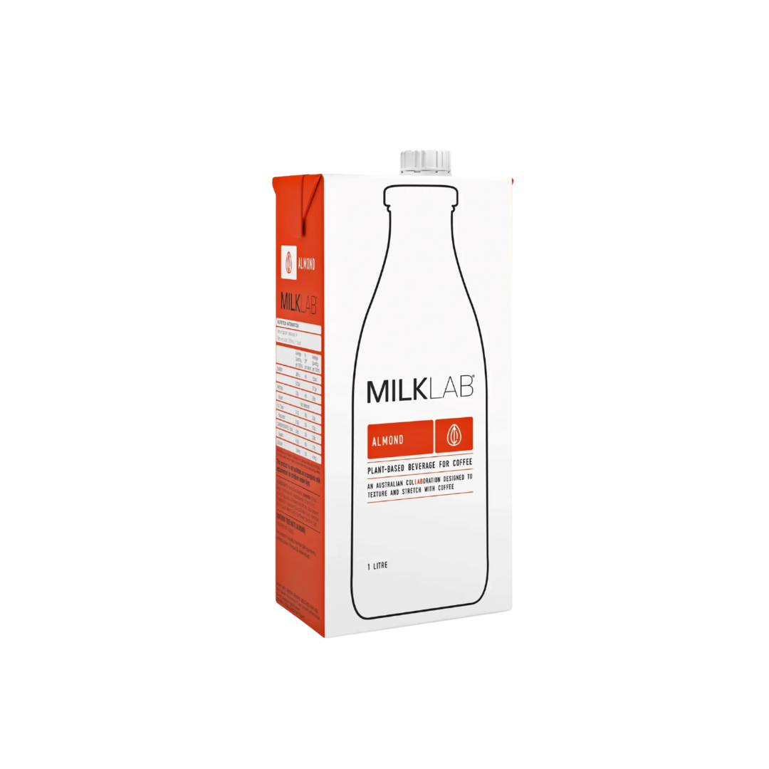 MilkLab almond milk packaging 1L with a white bottle illustration on a white background