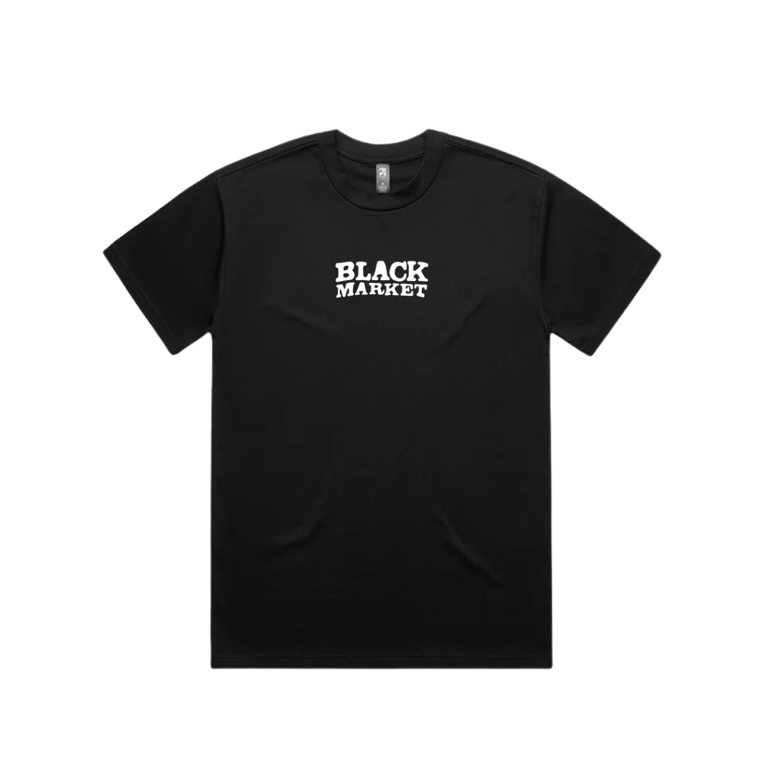 Black t-shirt with 'BLACK MARKET' text on a white background