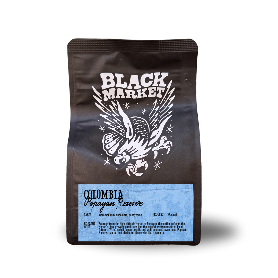 Black Market coffee bag, single origin coffee from Colombia, roasted fresh in Marrickville