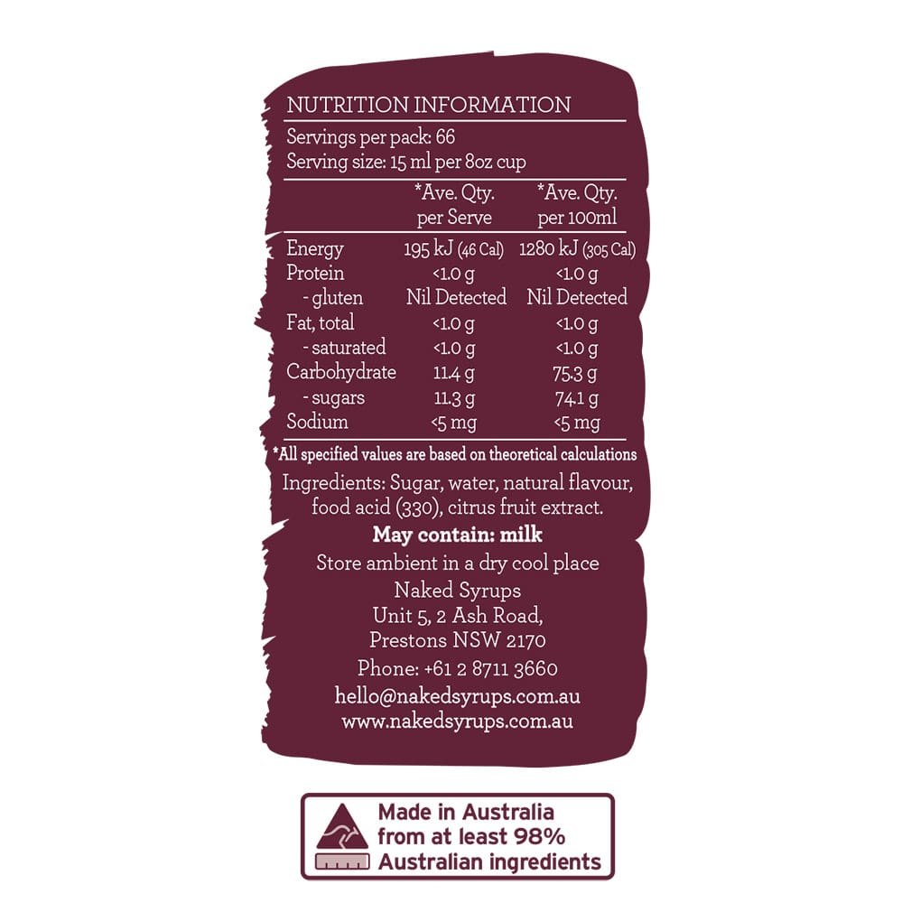 Naked Syrups Hazelnut ingredients label - gluten free natural flavours