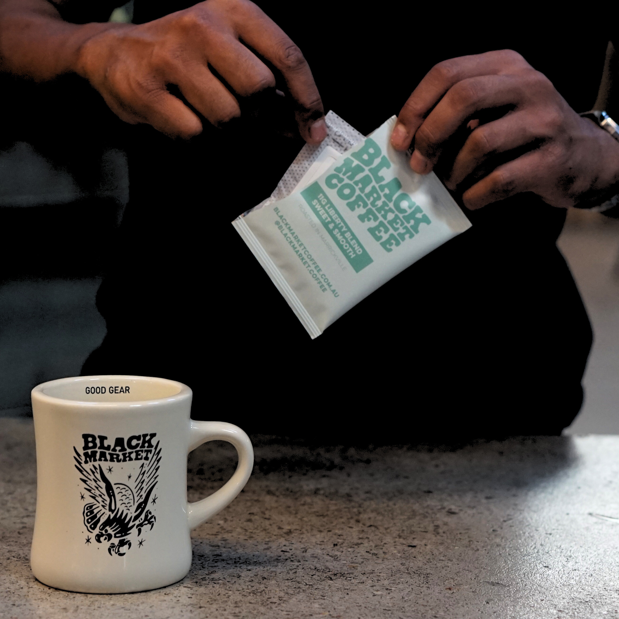 Portable coffee drip baggie by Black Market Coffee