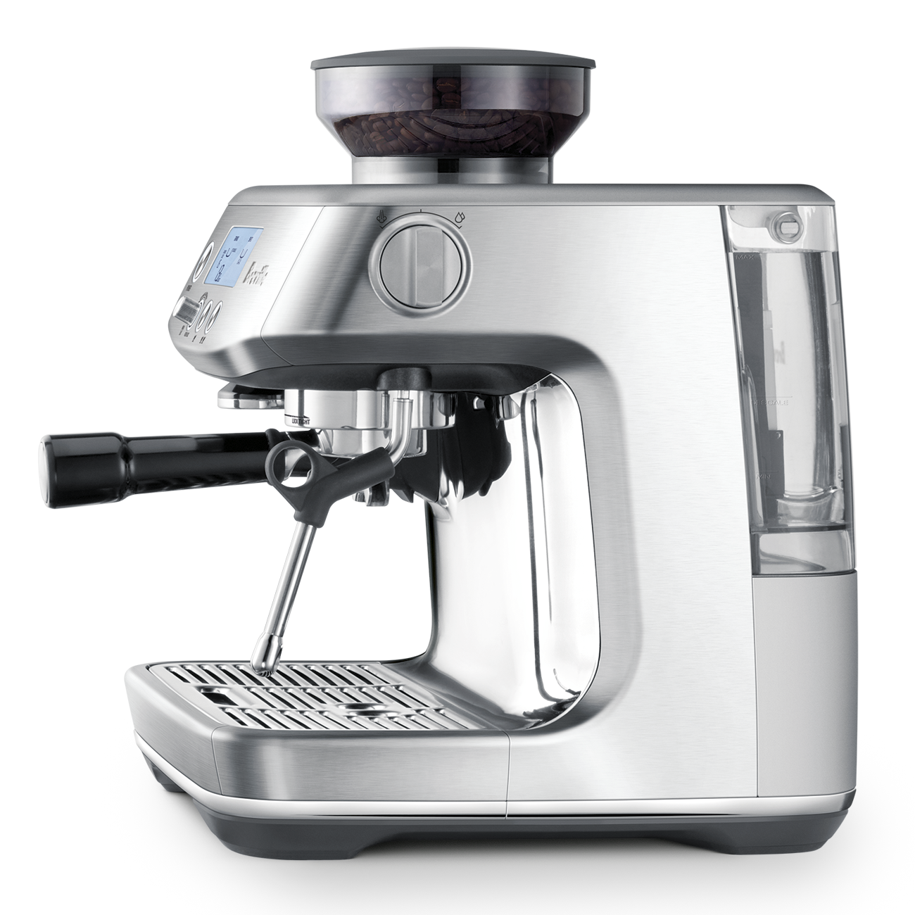Silver espresso machine with inbuilt grinder