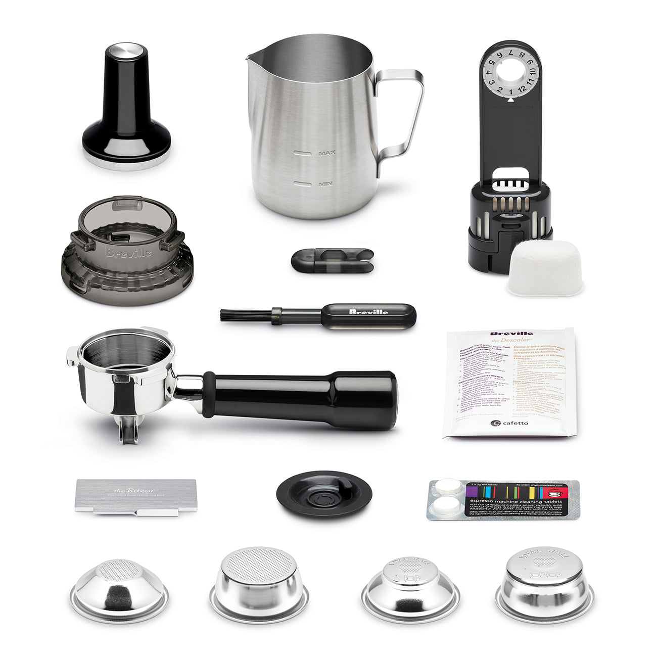 Collection of coffee brewing tools and accessories for Breville Barista Pro