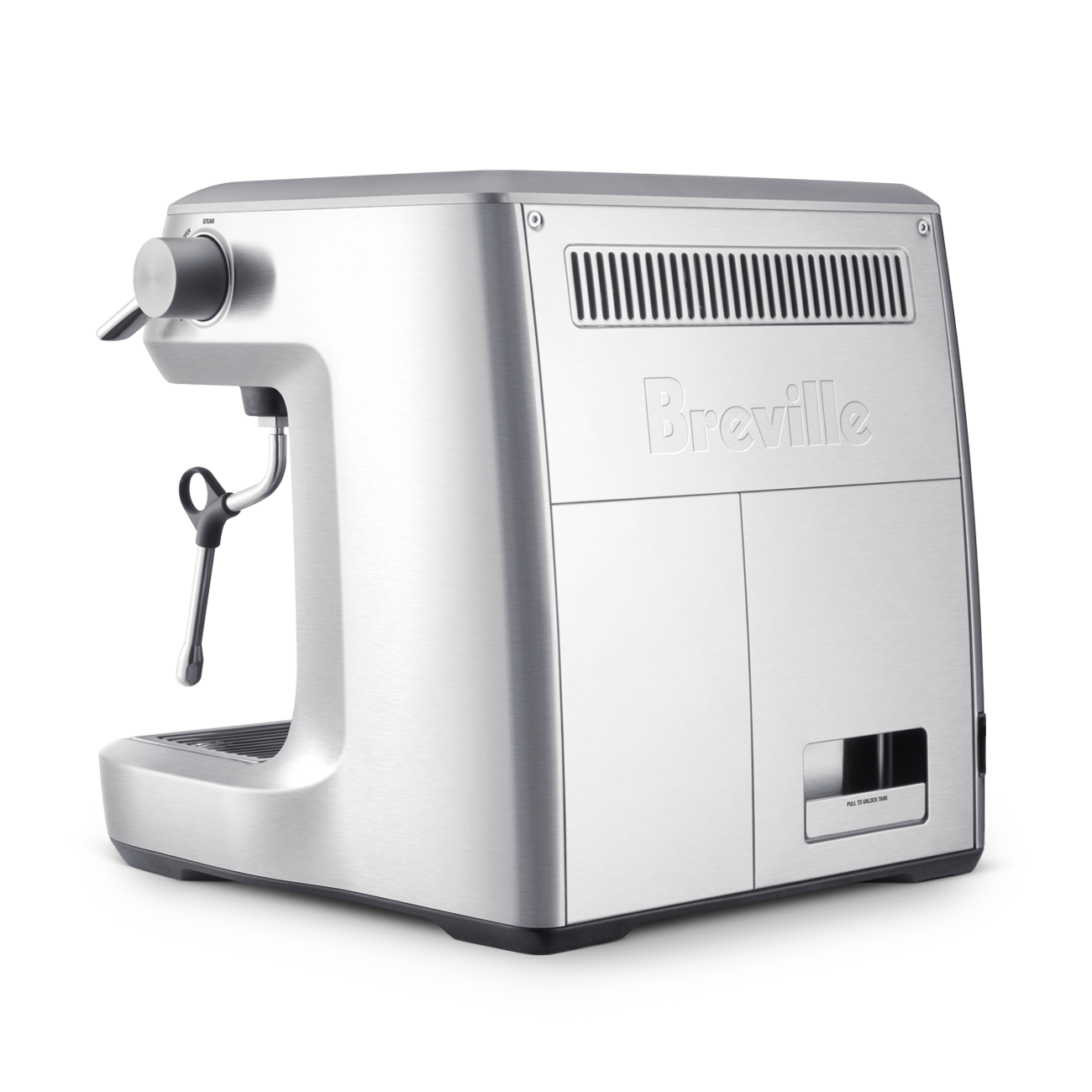 Back of a silver Breville espresso machine on a white background