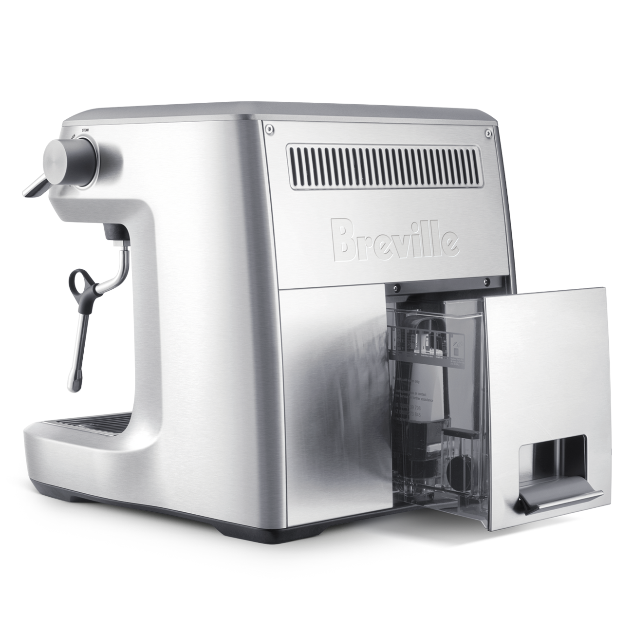 Stainless steel Breville espresso machine on a white background