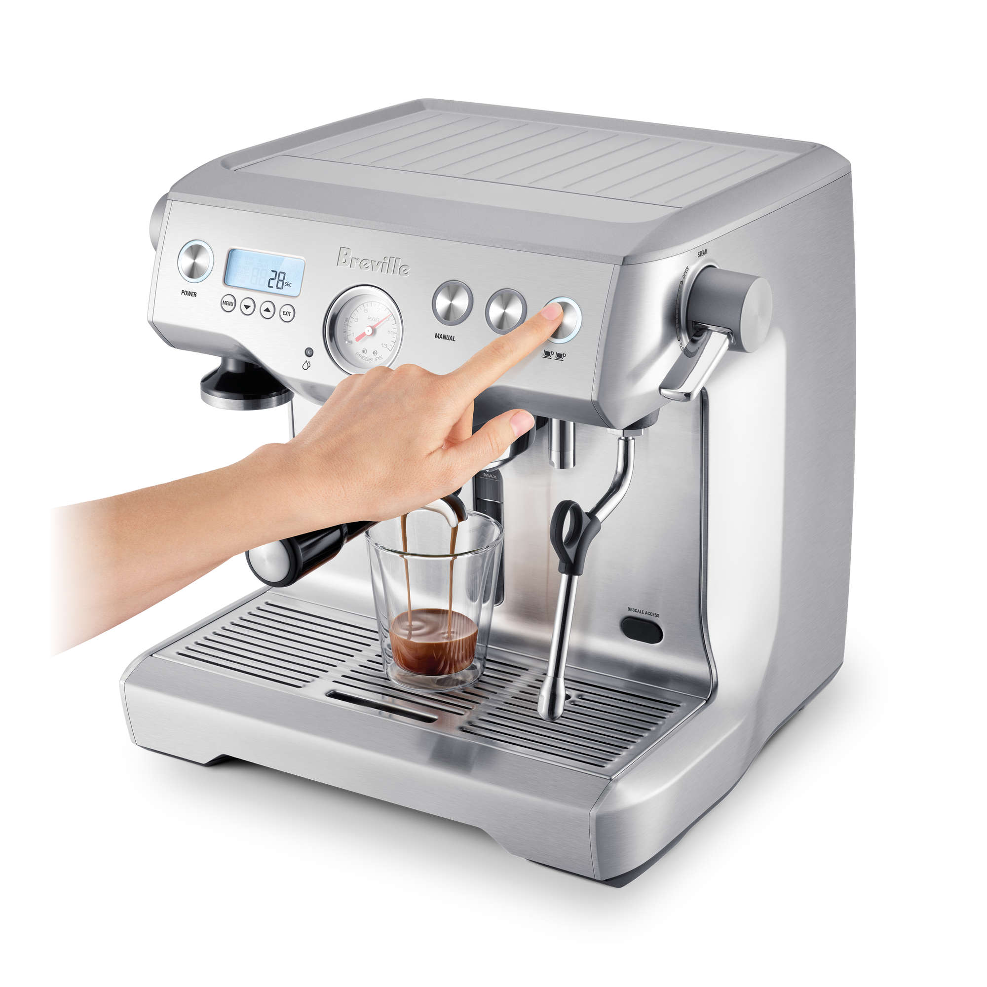 Silver espresso machine with a hand pressing a button