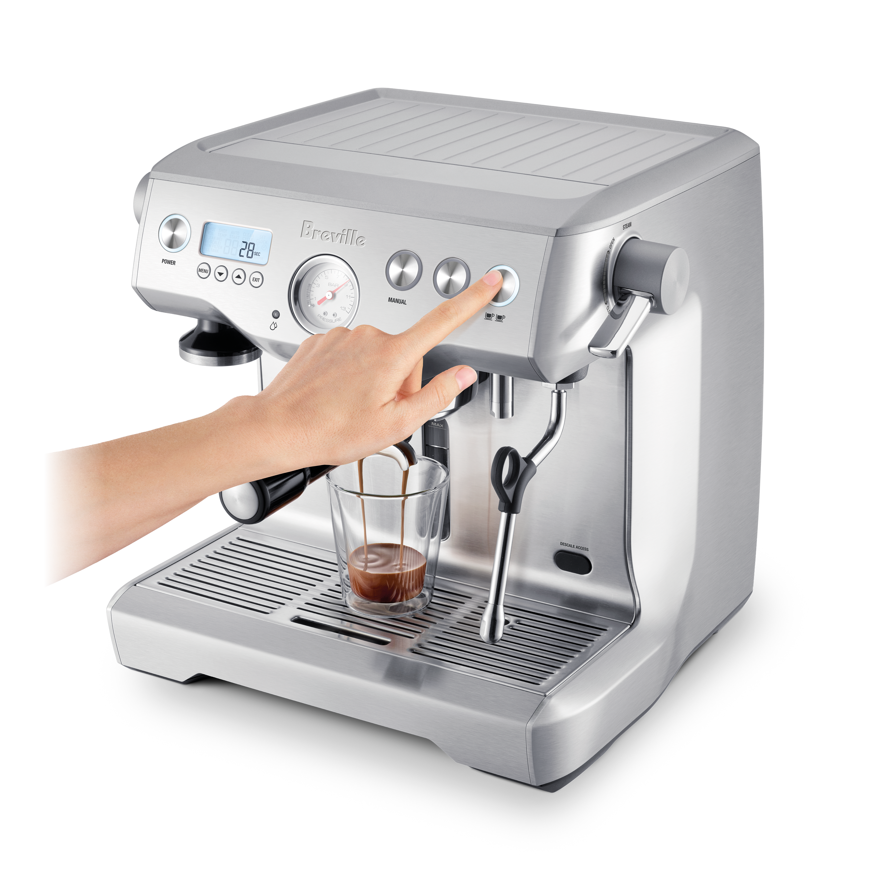 Silver espresso machine with a hand pressing a button