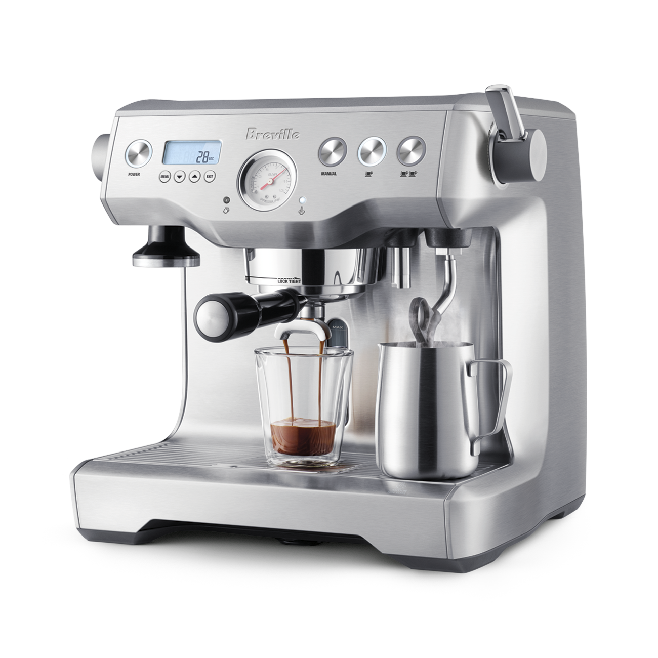 Silver Breville espresso machine with a glass of coffee and milk pitcher