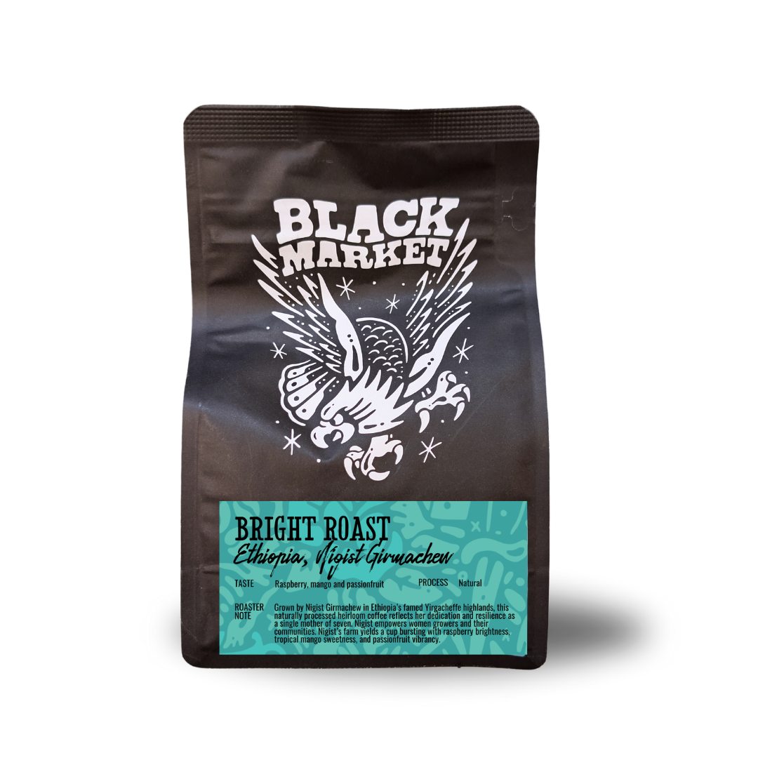 Ethiopia Nigist Girmachew natural process coffee bag from Black Market Coffee bright roast