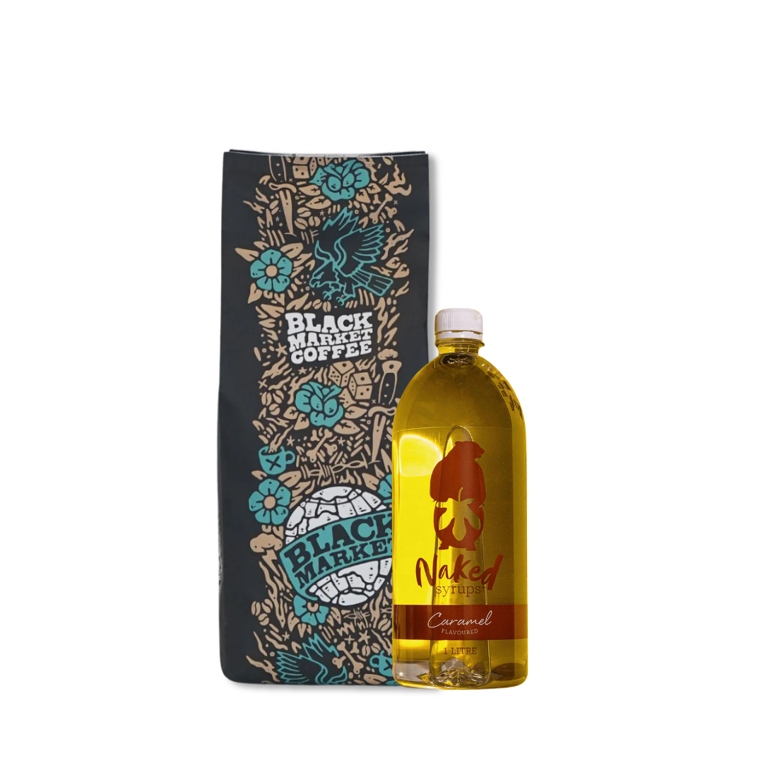 Caramel latte kit with Rhythm Blend coffee and caramel syrup from BlackMarket Coffee