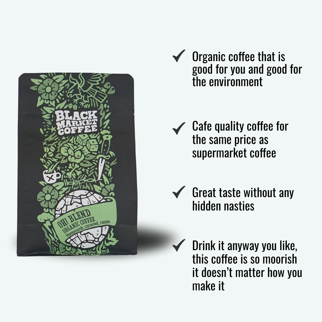 Light-medium roast organic coffee with honeycomb and caramel notes from Black Market Coffee - Information Card