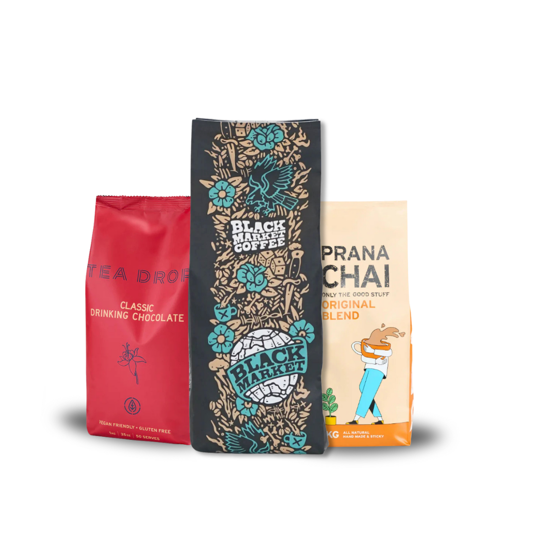 Pantry essentials bundle with coffee chai and drinking chocolate from BlackMarket Coffee
