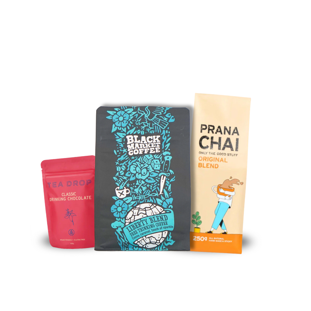 Liberty Blend coffee Prana Chai and drinking chocolate pantry bundle