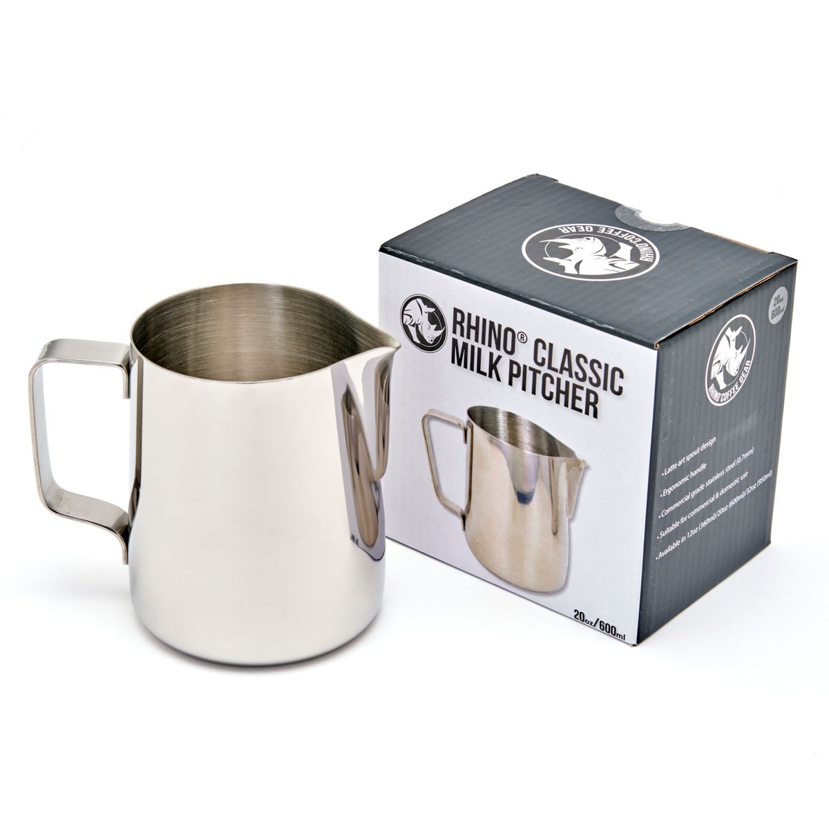 Rhino Classic Milk Pitcher 20oz - stainless steel frothing jug for latte art and milk texturing