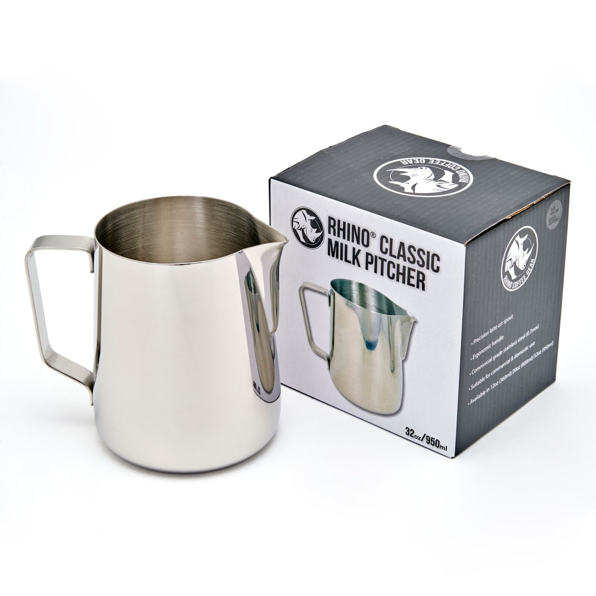 Rhino Classic Milk Pitcher 32oz - large stainless steel frothing jug for professional baristas
