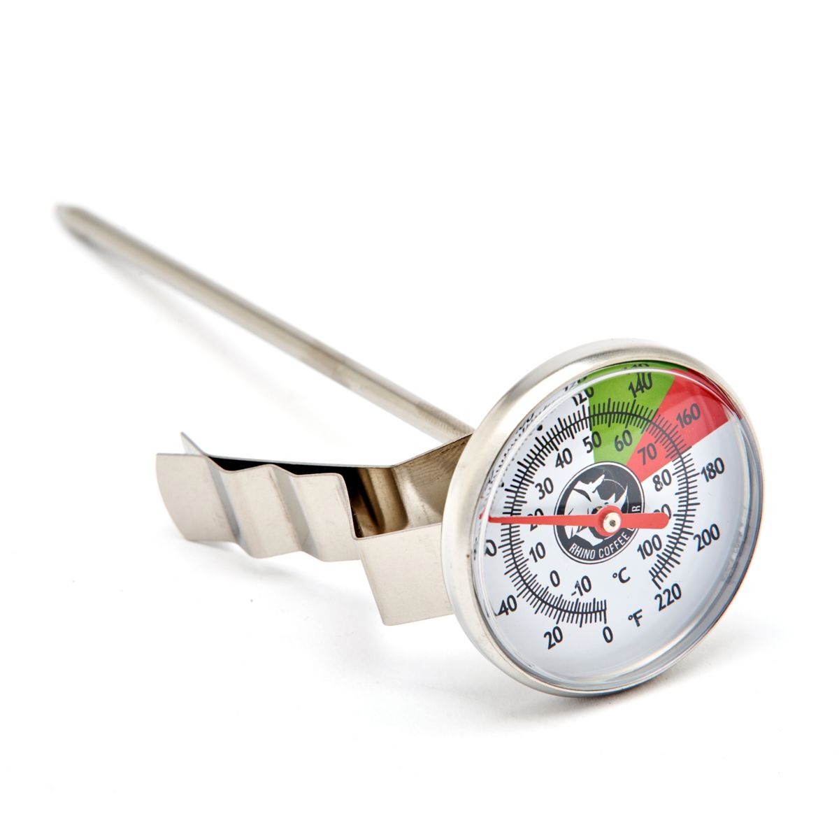 Milk thermometer for steaming milk with a silver casing on a white background