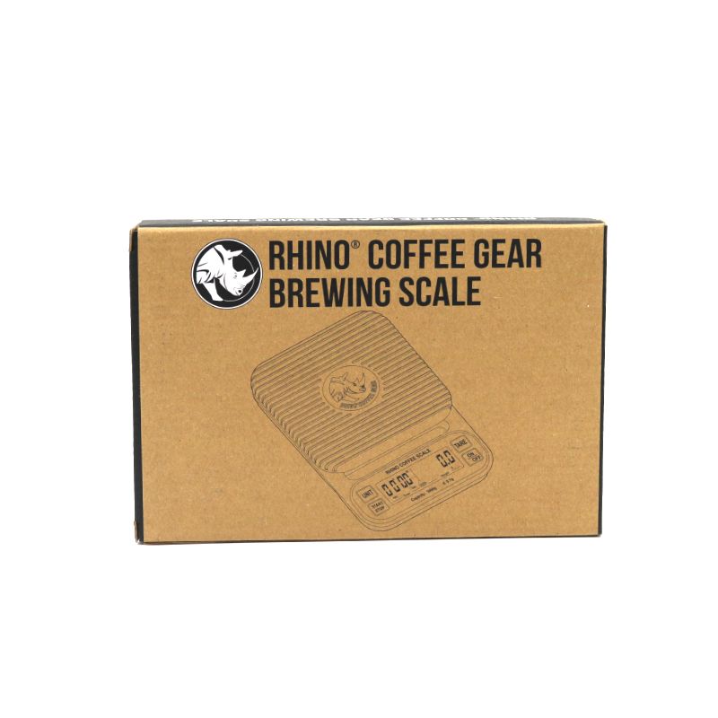 Rhino coffee scale detail showing 0.1g accuracy and multiple measurement modes