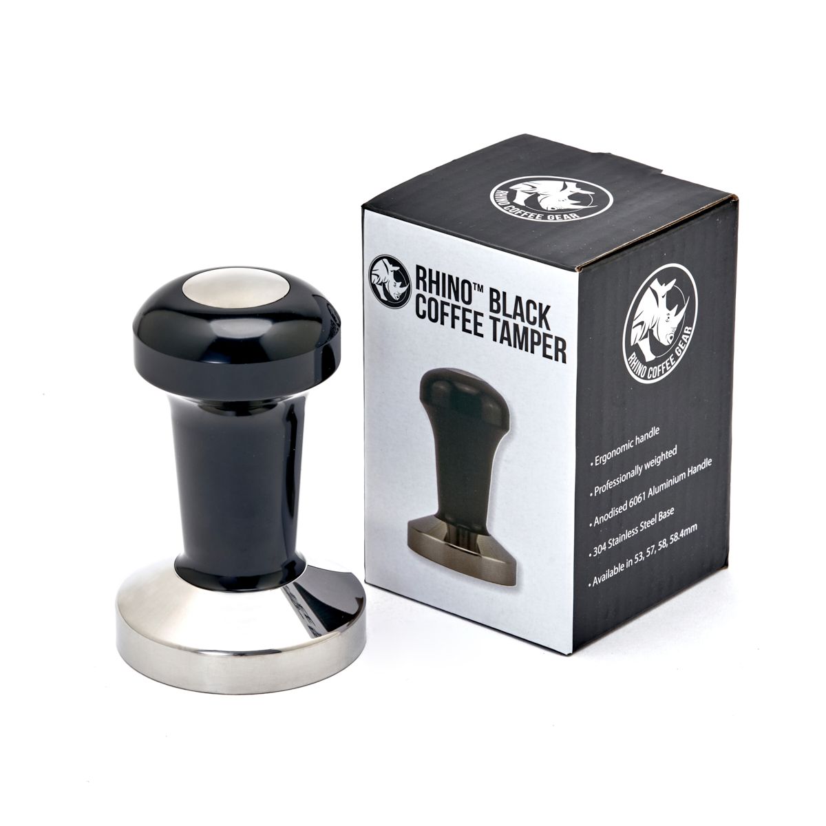 Rhino Coffee tamper with Rhino Black Coffee Tamper packaging on a white background